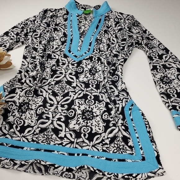 Island Republic Blk Wht Blue Boho Tunic Top Med - Picture 4 of 15
